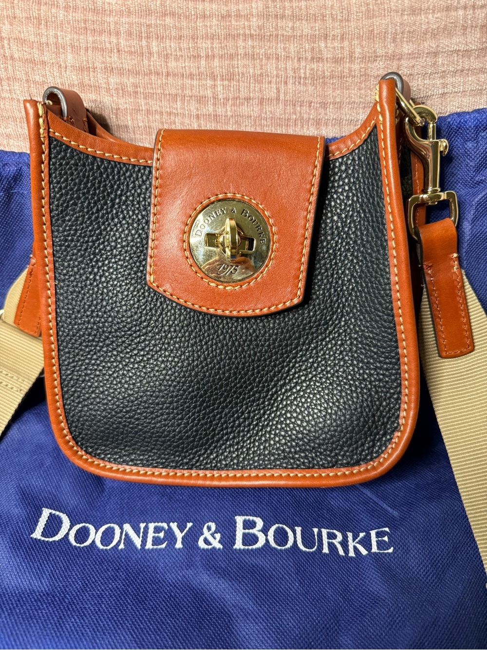 Dooney & Bourke Black Pebbled Leather Crossbody with Brown Trim